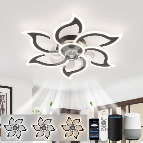LJX Deckenleuchte mit Ventilator Leise Kompatibel Mit Alexa und Google Assistant 88cm Blume Deckenventilator mit Beleuchtung und Fernbedienung 2.4GHZ Wifi Timer Dimmbar Für Schlafzimmer, Schwarz von LJX