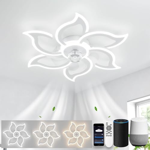LJX Deckenleuchte mit Ventilator Leise Kompatibel Mit Alexa und Google Assistant 88cm Blume Deckenventilator mit Beleuchtung und Fernbedienung 2.4GHZ Wifi Timer Dimmbar Für Schlafzimmer,Weiß von LJX