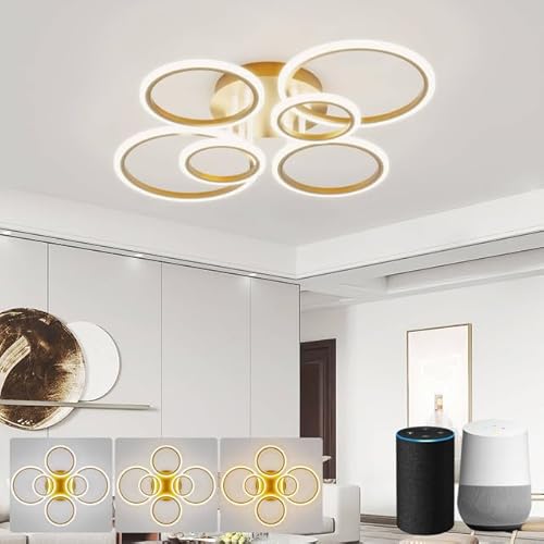 LJX LED Deckenlampe Kompatibel mit Alexa 80cm Gold 6-Ring Deckenleuchte Dimmbar Memory-Funktion Moderne Wohnzimmerlampe für Schlafzimmer Küche von LJX
