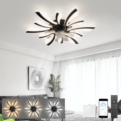 LJX Deckenleuchte mit Ventilator Dc 78cm Deckenlampe mit Ventilator Leise Timer Reversibel 6 Geschwindigkeit Dimmbar Lampe Ventilator für Schlafzimmer Wohnzimmer,Schwarz von LJX