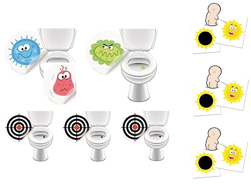 9 x WC Aufkleber Toilettensticker für ein sauberes Bad saubere Toilette durch besseres ZIELEN - LK-Trend & Style (3 x Monster + 3 x Bullseye + 3 x Sonne) von LK Trend & Style