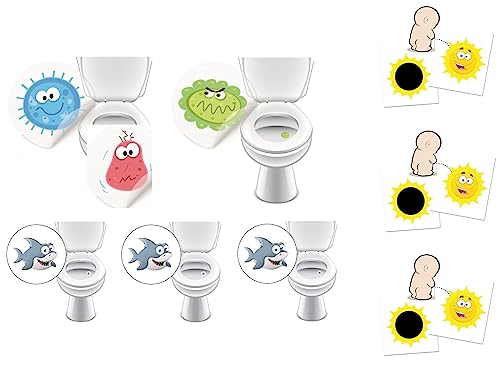 9 x WC Aufkleber Toilettensticker für ein sauberes Bad saubere Toilette durch besseres ZIELEN - LK-Trend & Style (3 x Monster + 3 x Hai + 3 x Sonne) von LK Trend & Style