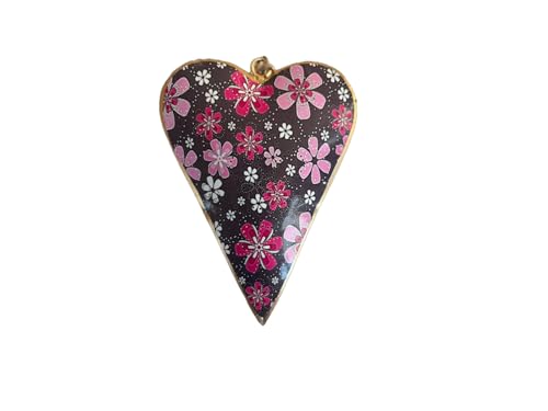 Dekoherzen, dekorative Herzanhänger aus Metall, 9 x 7 cm, 60 g, mit Blumenmuster (anthrazit Hintergrundfarbe) von LK Trend & Style