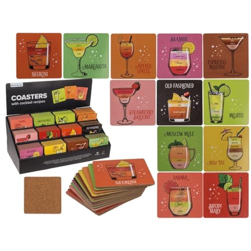 Getränkeuntersetzer Kork-Untersetzer-Set, ca. 9,5 x 9,5 cm, Auswahl Stückzahl, Verschiedene Cocktail-Designs (bunt - Sie erhalten 12 Stück) von LK Trend & Style