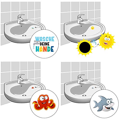 LK Trend & Style 8 Aufkleber für Fliesen und Waschbecken Händewaschen Sticker Wasch Deine Hände + Sonne + Krake + Hai von LK Trend & Style