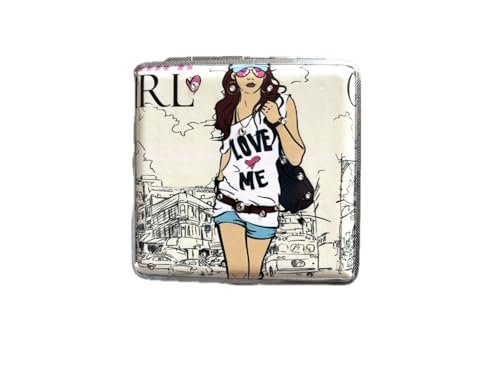 Stylisches Zigarettenetui mit Mädchen-Motiv, 20 Zigaretten, Metallgehäuse mit Gummiband, Strass-Verzierung (Beige) von LK Trend & Style