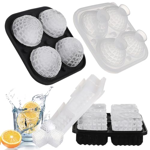 LKEVREG Eiswürfelform Silikon, 5cm Großer Eiskugelform + Eiswürfel Rund 4 Fächer 2 Sätze Eiswürfelformen - BPA Freie Eiswürfelform mit Deckel, Ice Cube Tray für Whisky, Cocktails, Säfte, Schokolade von LKEVREG