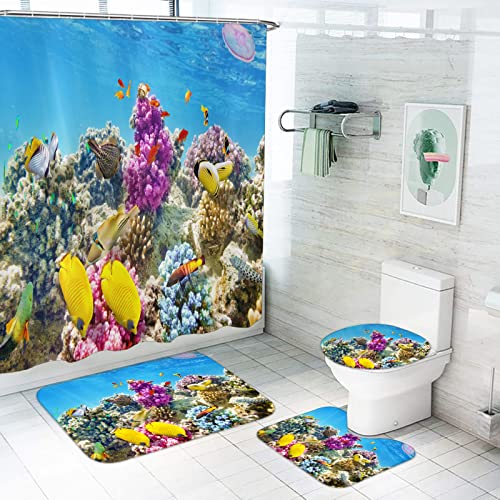 LKFFHAVD Unter Dem Meer Duschvorhang 180x180, Korallenriff Badezimmerteppich 4-teiliges Set, Shower Curtains Wasserdicht Dekorieren Sie Ihr Badezimmer (120 * 200CM,3) von LKFFHAVD