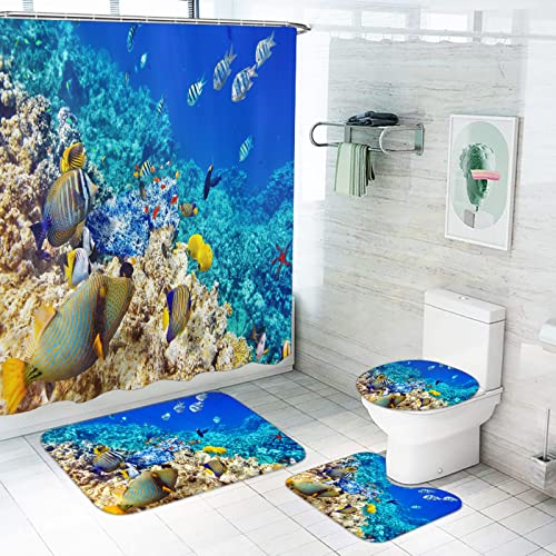 LKFFHAVD Unter Dem Meer Duschvorhang 180x180, Korallenriff Badezimmerteppich 4-teiliges Set, Shower Curtains Wasserdicht Dekorieren Sie Ihr Badezimmer (120 * 200CM,5) von LKFFHAVD