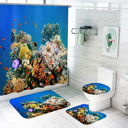 LKFFHAVD Unter Dem Meer Duschvorhang 180x180, Korallenriff Badezimmerteppich 4-teiliges Set, Shower Curtains Wasserdicht Dekorieren Sie Ihr Badezimmer (180 * 180CM,1) von LKFFHAVD