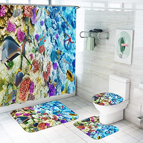 LKFFHAVD Unter Dem Meer Duschvorhang 180x180, Korallenriff Badezimmerteppich 4-teiliges Set, Shower Curtains Wasserdicht Dekorieren Sie Ihr Badezimmer (180 * 180CM,2) von LKFFHAVD