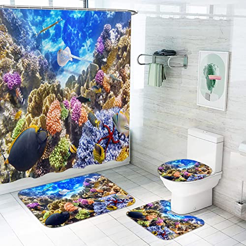 LKFFHAVD Unter Dem Meer Duschvorhang 180x180, Korallenriff Badezimmerteppich 4-teiliges Set, Shower Curtains Wasserdicht Dekorieren Sie Ihr Badezimmer (180 * 180CM,6) von LKFFHAVD