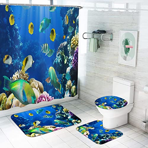 LKFFHAVD Unter Dem Meer Duschvorhang 180x180, Korallenriff Badezimmerteppich 4-teiliges Set, Shower Curtains Wasserdicht Dekorieren Sie Ihr Badezimmer (180 * 200CM,4) von LKFFHAVD