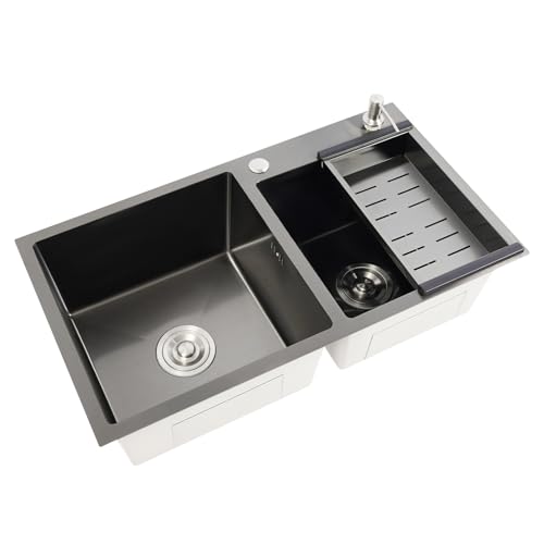 LKHDONG Doppelbecken Spüle Küchenspüle Edelstahl Spülbecken Spültisch Einbauspüle mit Abtropffläche und Seifenspender Edelstahlspüle, Doppelspüle Set 78x43x22cm von LKHDONG