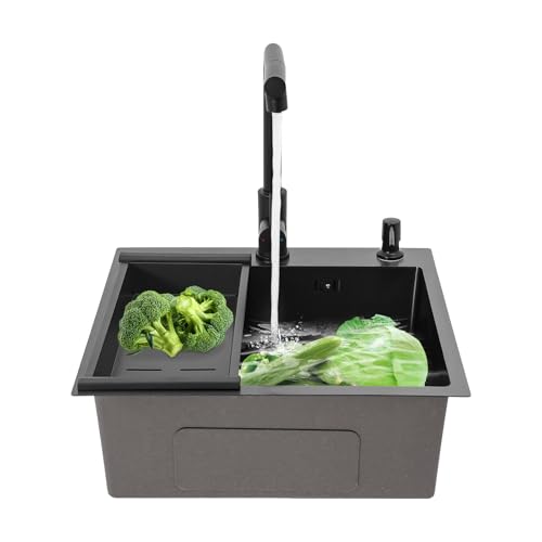 LKHDONG Edelstahl Spülbecken Küchenspüle 50x45x20cm Spüle 1 Becken Spültisch Edelstahlspüle Einbauspüle Set mit Abflusskorb + Seifenspender + Ausziehbarer Wasserhahn von LKHDONG