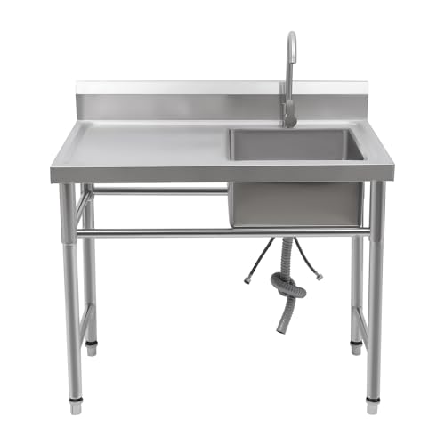 LKHDONG Edelstahl Spültisch Freistehende Spüle Gewerbliche Waschbecken mit Wasserhahn, Komplettset Küchenspüle mit Betriebsplattform, Spülbecken Edelstahlspüle 100x60x93cm (Linke Spüle) von LKHDONG