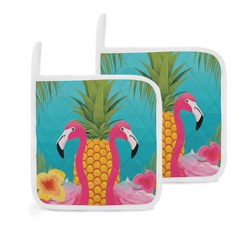 Ananas Flamingo Topflappen 2er Set, Hitzebeständige Küche Topflappen mit Aufhängeschlaufen, Langlebige Ofen Hot Pads zum Kochen, Backen, Grillen von LKHDS