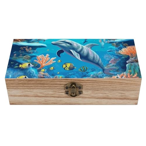 Aufbewahrungsbox aus Holz, Motiv: Meeresboden, Koralle, Fische, Delfine, Geschenk, Schmuckschatulle, personalisierte Holzbox, Andenken-Box mit Scharnierdeckel und Frontverschluss, Schmuckschatulle für Aufbewahrungsbox aus Holz, Motiv: Meeresboden, Koralle, Fische, Delfine, Geschenk, Schmuckschatulle, personalisierte Holzbox, Andenken-Box mit Scharnierdeckel und Frontverschluss, Schmuckschatulle für von LKHDS