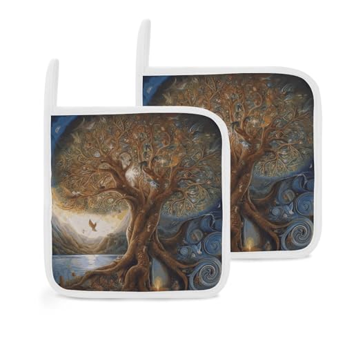 Baum des Lebens Topflappen 2er Set, Hitzebeständige Küchen Topflappen mit Aufhängeschlaufen, Langlebige Ofen Hot Pads zum Kochen, Backen, BBQ Baum des Lebens Topflappen 2er Set, Hitzebeständige Küchen Topflappen mit Aufhängeschlaufen, Langlebige Ofen Hot Pads zum Kochen, Backen, BBQ von LKHDS