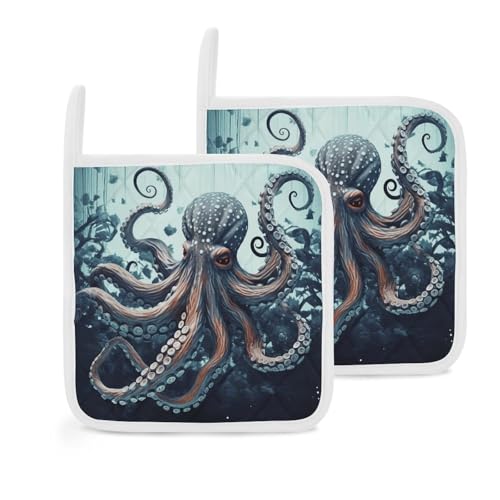 Coole Octopus Topflappen 2er Set, Hitzebeständige Küchen Topflappen mit Aufhängeschlaufen, Langlebige Ofen Hot Pads zum Kochen, Backen, BBQ von LKHDS