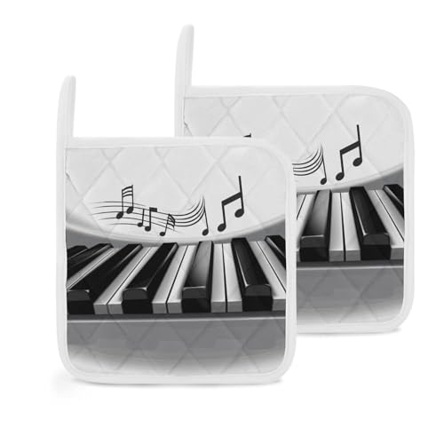 Klavier-Musik-Symbol-Topfhalter 2er Set, hitzebeständige Küchen-Topflappen mit Aufhängeschlaufen, langlebige Ofen Hot Pads zum Kochen, Backen, Grillen von LKHDS