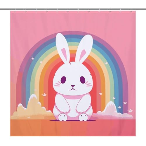 LKHDS Duschvorhang mit Hasen- und Regenbogen, wasserdichter Stoff-Badevorhang mit 12 Haken, waschbar, leicht, Badezimmer-Dekoration, 183 x 183 cm von LKHDS