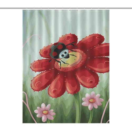 LKHDS Ladybug Duschvorhang mit Blumenmotiv, wasserdichter Stoff-Badevorhang mit 12 Haken, waschbar, leicht, Badezimmer-Dekoration, 140 x 183 cm von LKHDS