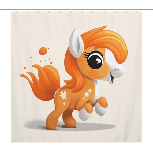 LKHDS Süßer orangefarbener Pony-Duschvorhang für Badezimmer, wasserdichter Stoff-Badevorhang mit 12 Haken, waschbar, leicht, Badezimmer-Dekoration, 183 x 183 cm von LKHDS