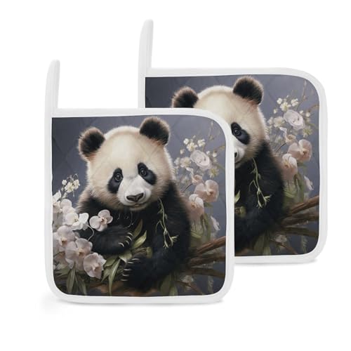 Panda mit Blumentopfhalter 2er Set, Hitzebeständiger Küchen Topflappen mit Aufhängeschlaufen, Langlebige Ofen Hot Pads zum Kochen, Backen, BBQ von LKHDS
