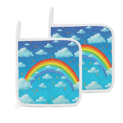 Rainbow Clouds Regentropfen Topflappen 2er Set Hitzebeständige Küche Topflappen mit Aufhängeschlaufen Langlebige Ofen Hot Pads zum Kochen, Backen, Grillen von LKHDS