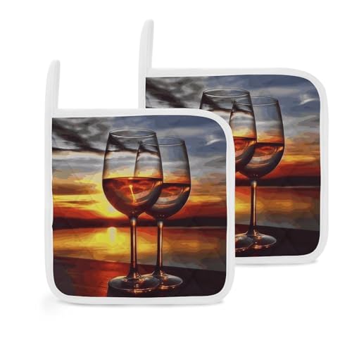 Sunset Weinglas Topflappen 2er Set, Hitzebeständige Küche Topflappen mit Aufhängeschlaufen, langlebige Ofen Hot Pads zum Kochen, Backen, Grillen von LKHDS