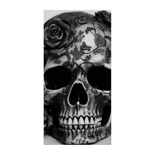 Türbanner mit schwarzem Totenkopf-Motiv, saisonale vertikale Türabdeckung, Dekoration, langlebiger Hintergrund für Party, Veranda, Eingang, Garten, Dekoration, 178 x 80 cm von LKHDS