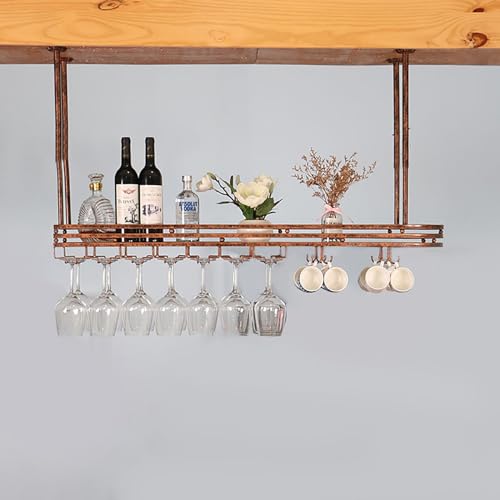 LKHGTR Deckenweinregal, hängende Weinregal mit Glashalter und Tassen, verstellbare Weinflaschenregal, LED -Weinflaschenausstellungsständer, Metall Deckenregal für Bar Cafe Kitc, Messing, 120 von LKHGTR