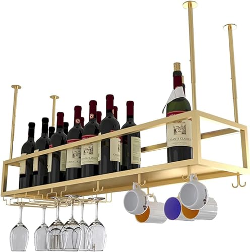 LKHGTR Hängende Rackweinflaschen und Glashalter, Deckenblattweinregal Goblet Stemware Racks Weinliebhaber Metall Weindekoration Rack, einstellbare Höhe Gold, 80x25x21cm Made in China von LKHGTR