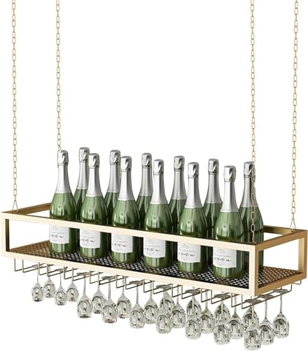 LKHGTR Hanging Weinspeicher -Display -Racks schwimmendes Weinregal, Weinflaschenregal mit Glashalter Decken Dekoration Regal Goblet Stemware Racks, Gold, 60x25x20cm Made in China von LKHGTR