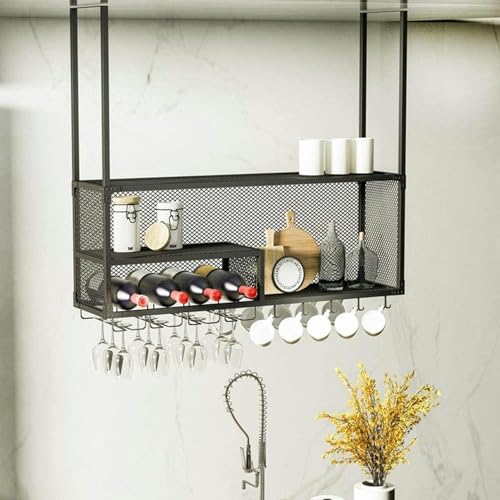 LKHGTR Weinglas Hanging Rack, wandmontierte Weinregal, Flaschen- und Glashalter, klarer Lagergeschäft Rot, Weiß, Champagner, schwimmendes Weinregal und Glas, Schwarz, 120 x 30 x 45 cm Made in China von LKHGTR