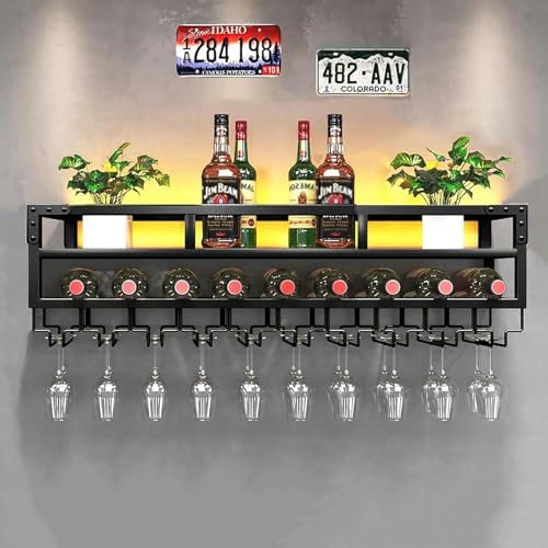 Wandmontierte Weinregal, Bareinheit schwimmende Regale mit LED -Licht, hängendes Weinglasregal, Weinprotokoll -Rack, Multi, funktionaler Metall -Weinflaschenorganisator für Zuhause, Schwarz, 80x25 cm von LKHGTR