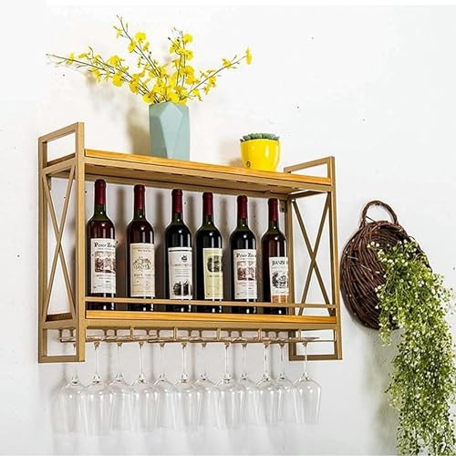 Weinregal Hängende Wand, montiertes Metall Massivholz Laminat Hanges Inverted High Stiel Cuphalter Industrial Iron Flaschenhalter Lagerregal für Bars, Restaurants, Küchen, Golden, 80 * 20 * 55 cm von LKHGTR