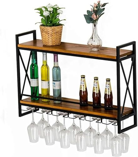 Weinregal Hängende Wand, montiertes Metall Massivholz Laminat Hanges Inverted High Stiel Cuphalter Industrielle Eisenflaschenhalter Lagerregal für Bars, Restaurants, Küchen, Schwarz, 60 * 20 * 55 cm von LKHGTR