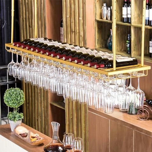 Weinregal Hanging Weinglashalter 2 Schichten Stecke Verstellbarer Metall Deckenflaschenhalter Einfacher Deckendekorationsregal für Bars, Familien, Restaurants, Golden, 150 * 30 cm Made in China von LKHGTR