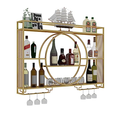 Weinregalwall montiertes Metall -Weinregal mit Glashalter - Hängender rustikaler Weinhalter für die Küche - schwimmendes Weinregal mit Champagnerflaschenhalter, Gold -120x15x80 cm Made in China von LKHGTR