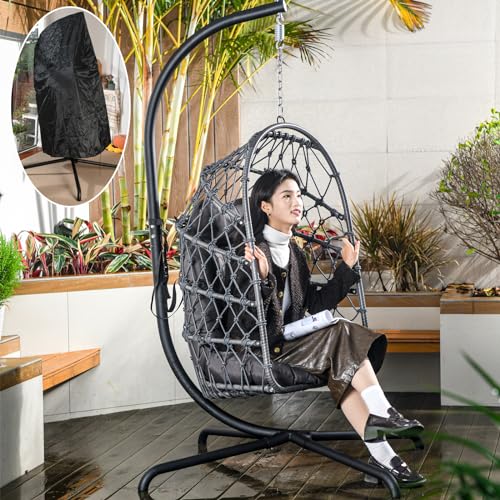 LKINBO Polyrattan Hängesessel mit Gestell Outdoor Indoor, Korb Hängestuhl Rattan Hanging Chair Wetterfest Hängeschaukel Gartenschaukel bis 195 kg, Dunkelgrau von LKINBO