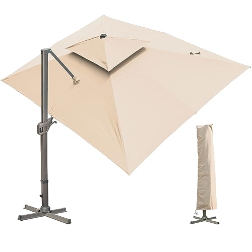 LKINBO Sonnenschirm 300 x 400 cm Rechteckig mit Ständer und Kurbel, Groß Ampelschirm Terrassenschirm 360°Drehbar Parasol Windfest Gartenschirm Wasserdicht Marktschirm für Garten Deck Outdoor, Khaki von LKINBO