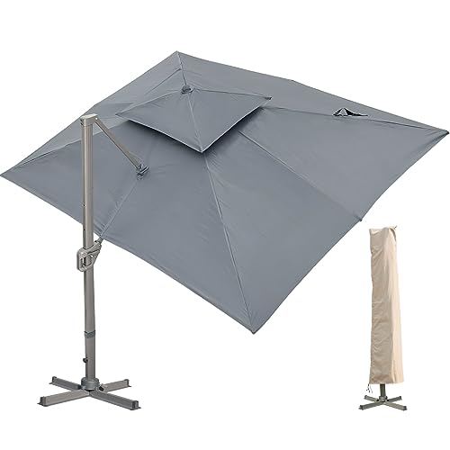 LKINBO Sonnenschirm 300 x 400 cm Rechteckig mit Ständer und Kurbel, Groß Ampelschirm Terrassenschirm 360°Drehbar Parasol Windfest Gartenschirm Wasserdicht Marktschirm für Garten Deck Outdoor, Grau von LKINBO
