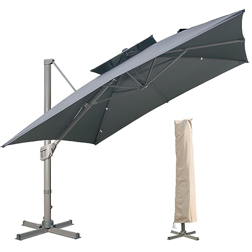 LKINBO Sonnenschirm Quadratisch 300 x 300 cm mit Ständer und Kurbel, Groß Ampelschirm Neigbar 360°Drehbar Parasol Windfest Gartenschirm Wasserdicht Marktschirm für Garten Deck Outdoor, Grau von LKINBO