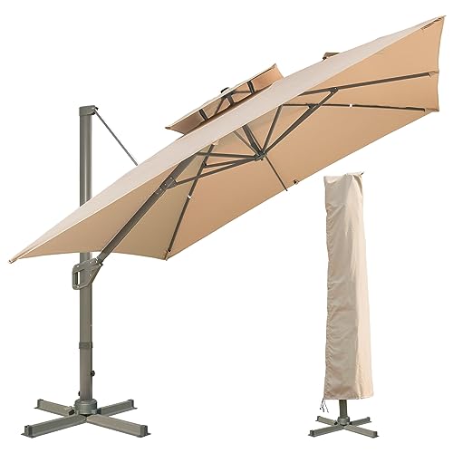 LKINBO Sonnenschirm Quadratisch 300 x 300 cm mit Ständer und Kurbel, Groß Ampelschirm Neigbar 360°Drehbar Parasol Windfest Gartenschirm Wasserdicht Marktschirm für Garten Deck Outdoor, Khaki von LKINBO