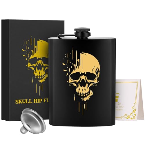 8oz/237ml Edelstahl Flachmann, Taschenflasche, mit Trichter und Grußkarte, Geschenkbox, Goldenes Totenkopf Muster, Geschenk für Outdoor Flachmann, Perfekt für Camping, Wandern und Outdoor Aktivitäten 8oz/237ml Edelstahl Flachmann, Taschenflasche, mit Trichter und Grußkarte, Geschenkbox, Goldenes Totenkopf Muster, Geschenk für Outdoor Flachmann, Perfekt für Camping, Wandern und Outdoor Aktivitäten von LKKCHER NOVELTY