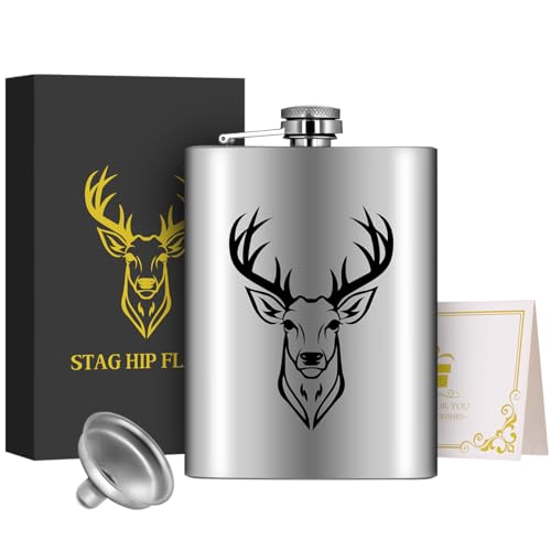 8oz/237ml Edelstahl Flachmann, Taschenflasche, mit Trichter und Grußkarte, Geschenkbox, Schwarz Hirschkopf Muster, Geschenk für Outdoor Flachmann, Perfekt für Camping, Wandern und Outdoor Aktivitäten 8oz/237ml Edelstahl Flachmann, Taschenflasche, mit Trichter und Grußkarte, Geschenkbox, Schwarz Hirschkopf Muster, Geschenk für Outdoor Flachmann, Perfekt für Camping, Wandern und Outdoor Aktivitäten von LKKCHER NOVELTY