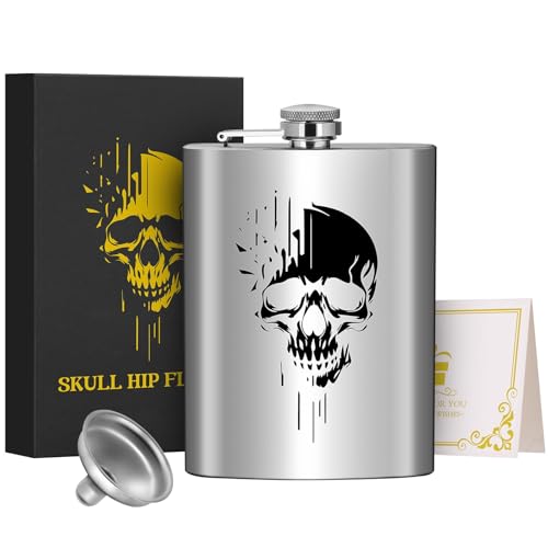 8oz/237ml Edelstahl Flachmann, Taschenflasche, mit Trichter und Grußkarte, Geschenkbox, Schwarz Totenkopf Muster, Geschenk für Outdoor Flachmann, Perfekt für Camping, Wandern und Outdoor Aktivitäten 8oz/237ml Edelstahl Flachmann, Taschenflasche, mit Trichter und Grußkarte, Geschenkbox, Schwarz Totenkopf Muster, Geschenk für Outdoor Flachmann, Perfekt für Camping, Wandern und Outdoor Aktivitäten von LKKCHER NOVELTY