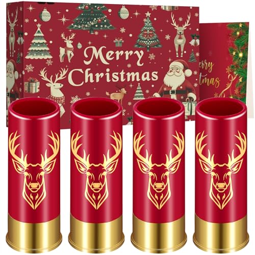 Hirschkopf Plastik Schnapsgläser, Weihnachtsgeschenkbox Grußkarte mit 4 Stück, für Männer und Frauen, Geburtstagsfeier, Weihnachten, 12GA Hirsch Jagdgeschenke für Jäger, Kleine Schnapsbecher, Rot von LKKCHER NOVELTY